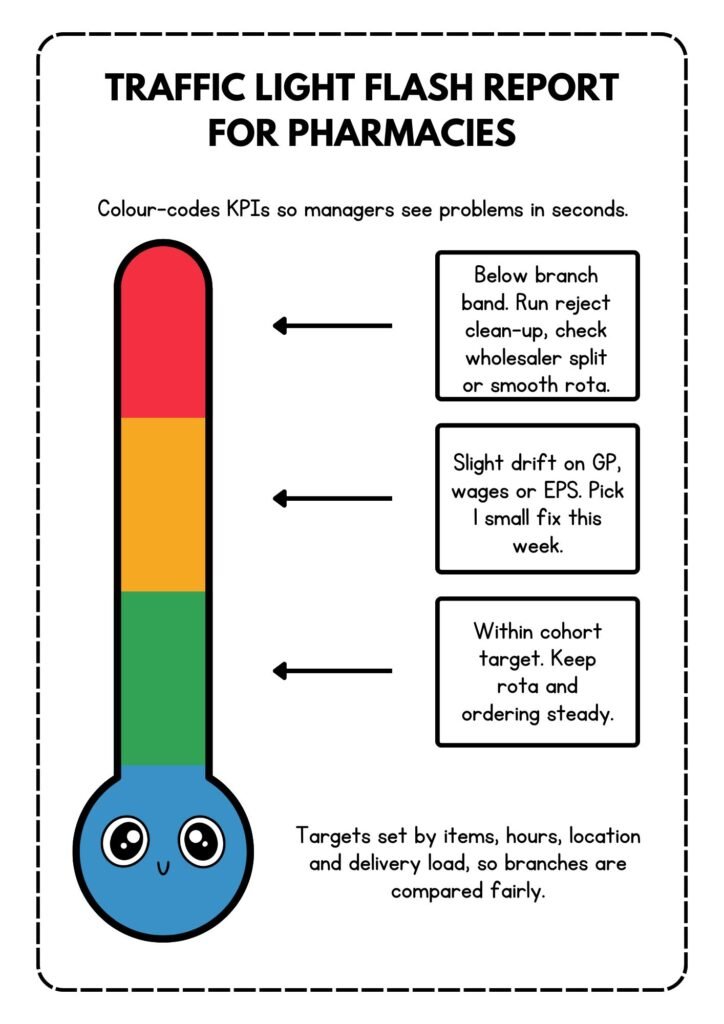 Traffic light flash reports for pharmacies